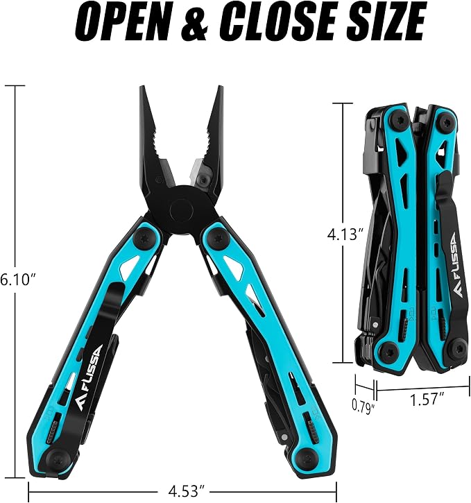FLISSA 16-In-1 Multi-Tool Pliers, EDC Multitool, Aqua Blue | Gift for Men, Stainless Steel, Pocket Knife, Belt Clip, Oxford Pouch, Safety Locking, For Camping, Survival & Outdoor