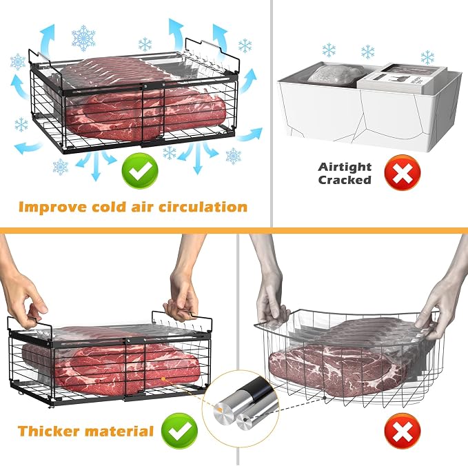 NADAMOO Freezer Organizer Bins, 4 Packs Large Expandable Stackable Chest Freezer Containers with Handle, Metal Adjustable Storage Baskets for Fridge, Deep Freezer, Cabinet, Kitchen, Pantry - Black