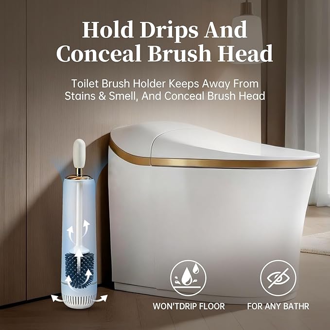 Toilet Bowl Brush and Holder Set, Plunger and Brush Set with Long Handle, High-End Modern Silicone Toilet Brush Set, Non-Scratch Hygienic, Odor-Free Design (Matte White + Gold, B)