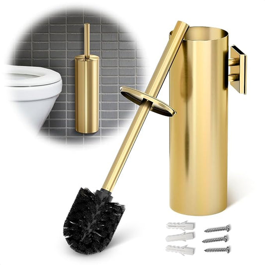 Gold Toilet Brush and Holder Set with Wall Mount - Modern Wall Mounted Toilet Brush Made from Corrosion-Resistant Stainless Steel - Removable Inner Bowl, Splash Protection & Dense Bristles Supplied