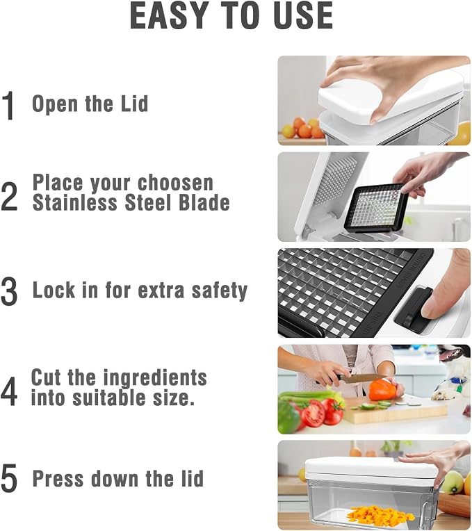 Food Chopper with Container, Veggie Chopper and Vegetable Chopper with 7 Stainless Steel Blades, Onion Chopper Dicer Cutter for Potato, Carrot, Garlic, Cubumber, Salad Meal Prep