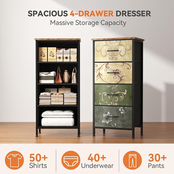Sweetcrispy Dresser for Bedroom, 4 Drawer Storage Cabinet, Tall Nightstand | Small Fabric Dresser for Closet, Chest of Drawers, Closet Organizer, Home Furniture, Sturdy Frame, Floral Pattern