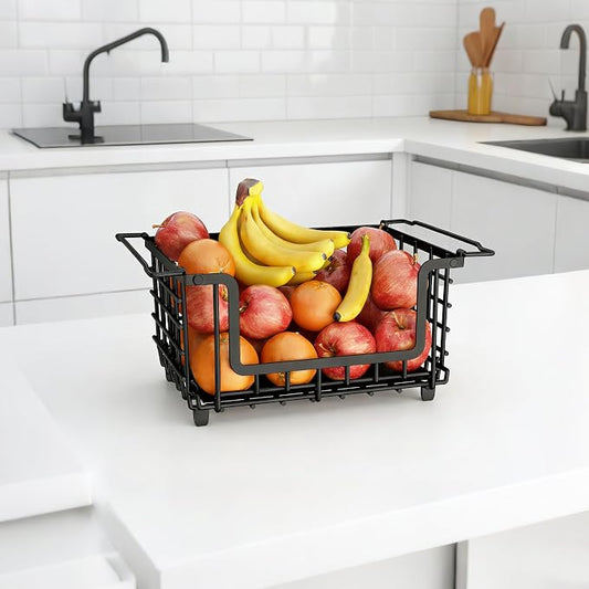 1 Pack Stackable Metal Wire Vegetable Fruit Basket for Kitchen Counter Cabinet, Pantry Organizers and Storage Basket, Food Can Snack Onion Potato Bread Storage Shelf Freezer Organizer Bins Black