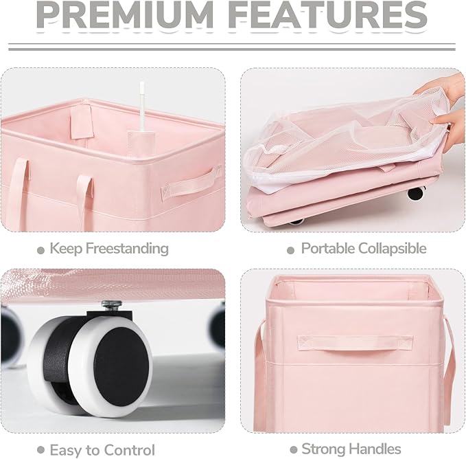 CHICVITA 100L Slim Collapsible Laundry Basket with Wheels, Pink | Rolling laundry basket for living room and college dorm. Folds flat for storage when not needed