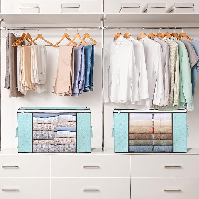 90L Large Storage Bags, 8 Pack Clothes Storage Bins Closet Organizers | Foldable Storage Containers, with Reinforced Handle, for Clothing, Blanket, Comforters, Bed Sheets, Pillows and Toys,Blue
