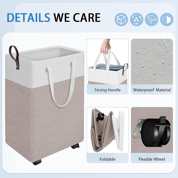 HomeHacks 90L Rolling Laundry Basket with 4 Wheels Collapsible Khaki | 4 Wheels, Waterproof PEVA Lining, Cotton Flax Fabric, Metal Frame, Bathroom Laundry Room Dorm Storage, Space-Saving Design