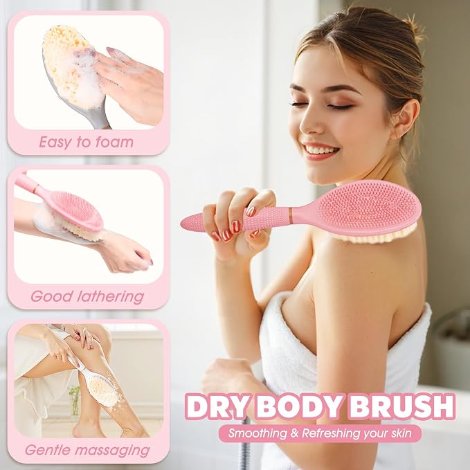 Foot Brush & Back Scrubber Set, 27.5'' Adjustable Foot Scrubber for Shower, 18.9'' Shower Back Scrubber with 3-Length Usage, Great Aid for People with Limited Mobility(Pink Set)