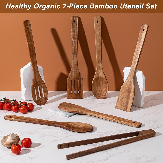 Eisinly Wooden Spoons for Cooking 7-Piece, Kitchen Nonstick Wood Cooking Utensils Set, Durability Wooden Spatula Spoon for Everyday Use, Brown