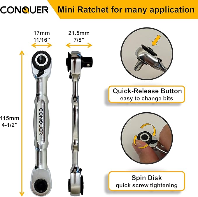 CONQUER 1/4" Mini Ratchet Wrench Low Profile Dual Head | Socket/Bit Driver, 72-Tooth, 5° Swing Arc, Ultra-Low Back Drag, Quick-Release Button; For Tight Engine Bays & EDC Kits