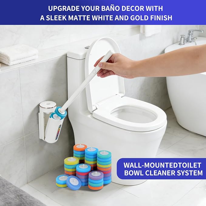 Disposable Toilet Brush, Wall-Mounted Toilet Wand Kit, 24 Refills | Toilet Bowl Cleaner Wand Touch Free, Extended Long Handle, Pre-Soaked Concentrated Cleaner Sponge, Bathroom Cleaning System
