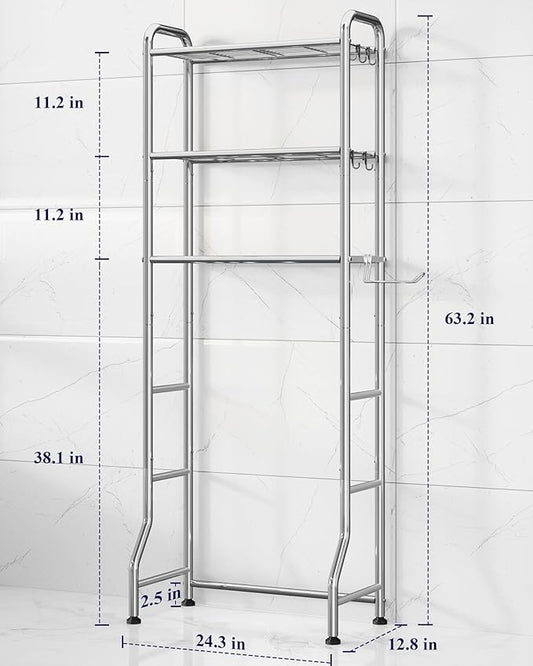 Kitsure Over Toilet Storage Rack - Metal Over Toilet Bathroom Organizer Shelf, Over the Toilet Storage Cabinet with Paper Holder and Hooks, Bathroom Cabinet for Laundry, Silver, 3 Tiers (63.2" H)