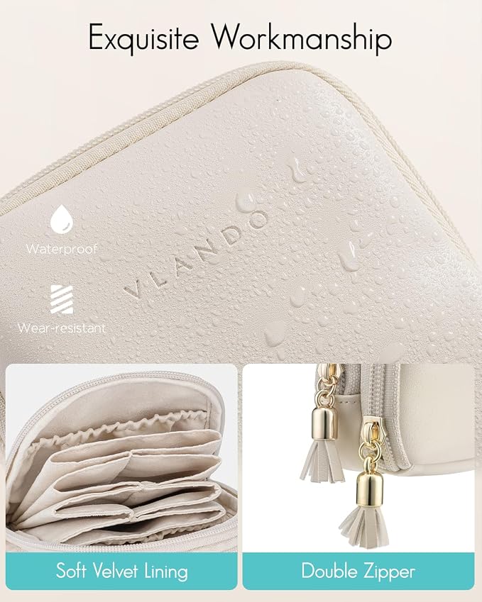 VLANDO Jewelry Travel Case with 2 Layers for Necklaces,Rings,Earrings | PU Leather Organizer with Divided Sections,Velvet Lining,Gift for Bride,Bridesmaid,Women,Girls,Cream White