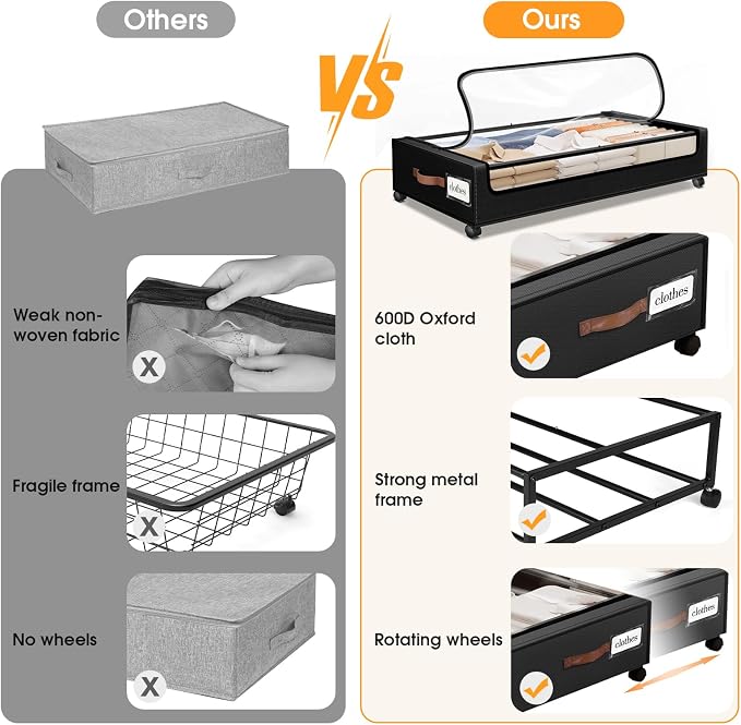 SpaceHacks Under Bed Storage with Wheels 3Pack Storage Containers with Clear Window&Label Under Bed Drawers Rolling Under Bed Storage for Clothes,Shoes, Blankets (30.71 x 16.93 x 6.69 in, Black)