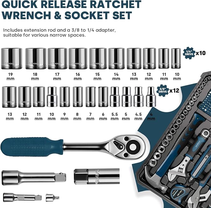 Enventor Tool Set with Molded Storage Case, 220 Pieces, Blue | 24-tooth Ratchet, Metric Sockets, Extension Bar and Adapter, for Home Repairs, DIY Projects and Auto Maintenance