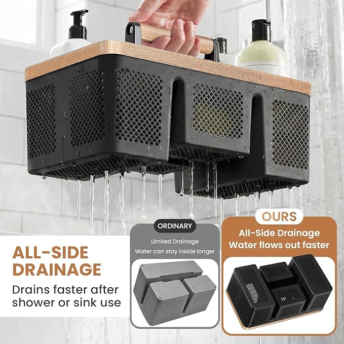 BYUNER Plastic Shower Caddy Dorm: Portable Hard Shower Basket with Handle, 4 Divided Compartments, All-Side Drainage, Bathroom & Cleaning Caddy for College Dorm Room Essentials, Black/wood grain