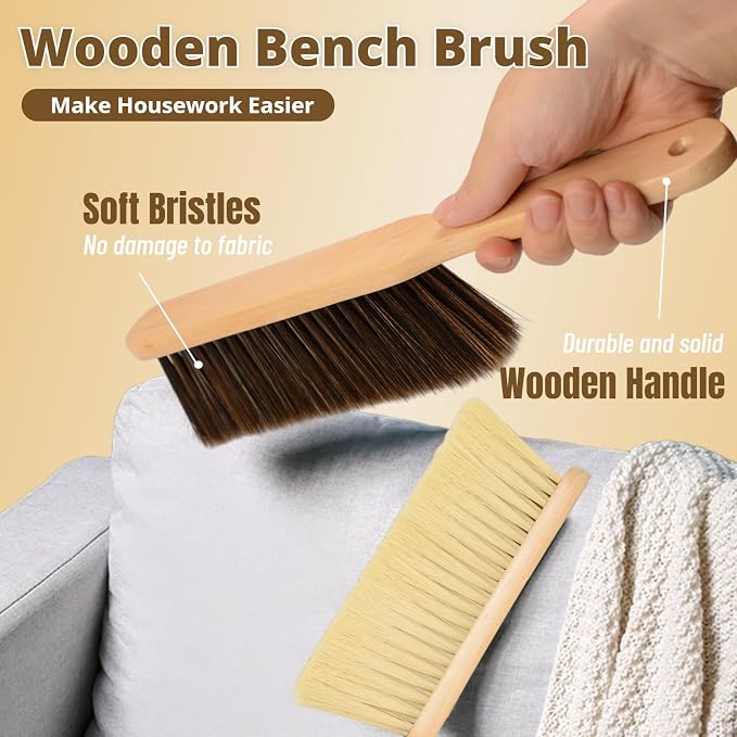 2 Pieces Woooden Dust Brush Hand Broom Bench Brush with Long Wood Handle Whisk Broom Soft Bristle Brush for Counter Bed Sofa Car Fireplace Clothes Household Cleaning