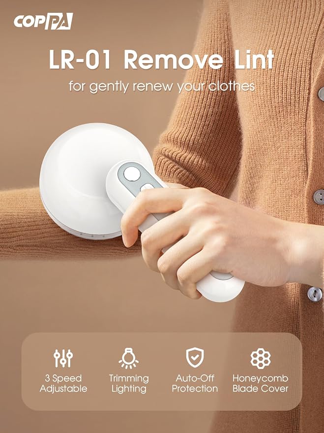 COPPA Lint Remover, LR-01 Remove Fuzz Lint USB-C Rechargeable 6 Blades & 3 Speed Mode Shut-Off Protection Portable Fuzz Remover with Battery Display for Clothing Furniture Curtain