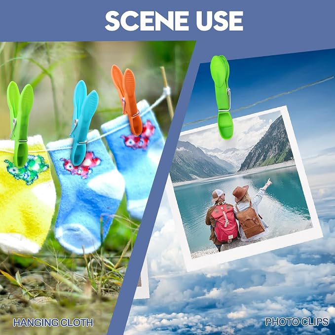 24Pack Colorful Plastic Clothespins Heavy Duty Laundry Clothes Pins Outdoor | Multipurpose Non-Slip Clips with Springs, Air-Drying Clothing Pin Set for Hanging Clothes, Towels, Crafts, Photos & Food Bags