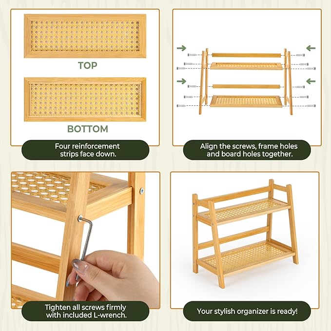 ANBOXIT Matcha Station Organizer, Countertop Bamboo Coffe & Tea Station | Rattan-Look 2 Tier Mug Holder Display Stand for Kitchen Condiment, Coffee Accessories, Home, Office