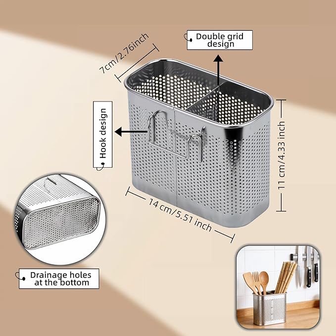 Stainless Steel Kitchen Utensil Holder with Hooks, 2-Tier Stainless Steel 304 Utensil Holder,Rustproof Heavy Duty Dish Drainer for Kitchen Sink Countertop,5.51x4.33x2.76 Inch