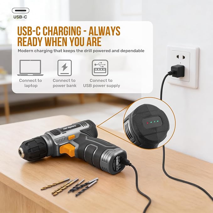 Hi-Spec 8V Cordless Drill Set & Household Tool Kit - USB Rechargeable, Gray | faster holes and screwdriving, bit accessories, portable carry storage, light-duty project control, home setup help, repairs