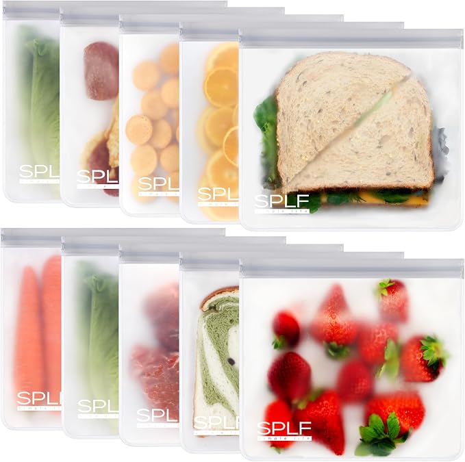 SPLF 10 Pack Reusable Sandwich Bags Dishwasher Safe, Reusable Quart Freezer Bags, Extra Thick Leakproof Food Storage Bags Silicone and Plastic Free for Marinate Meats, Cereal, Lunch, Travel Items Gray