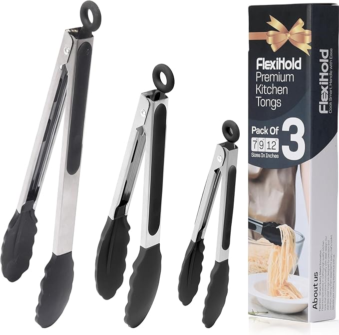 Pack of 3 Stainless Steel Kitchen Tongs with Silicone Tips – Non-Stick Cooking, Grilling & BBQ Tongs for Serving, Dishwasher Safe, 7", 9" & 12", Black