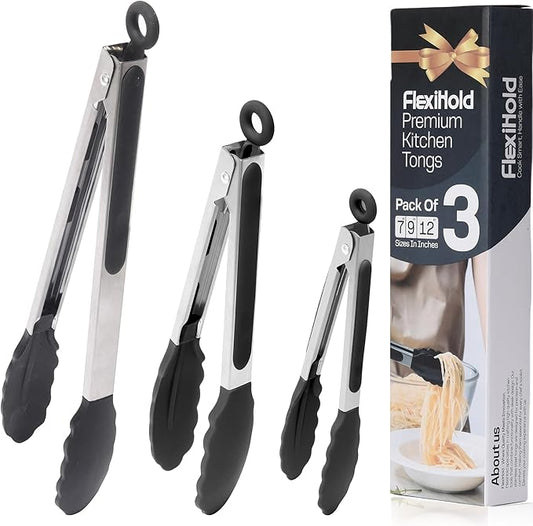 Pack of 3 Stainless Steel Kitchen Tongs with Silicone Tips – Non-Stick Cooking, Grilling & BBQ Tongs for Serving, Dishwasher Safe, 7", 9" & 12", Black