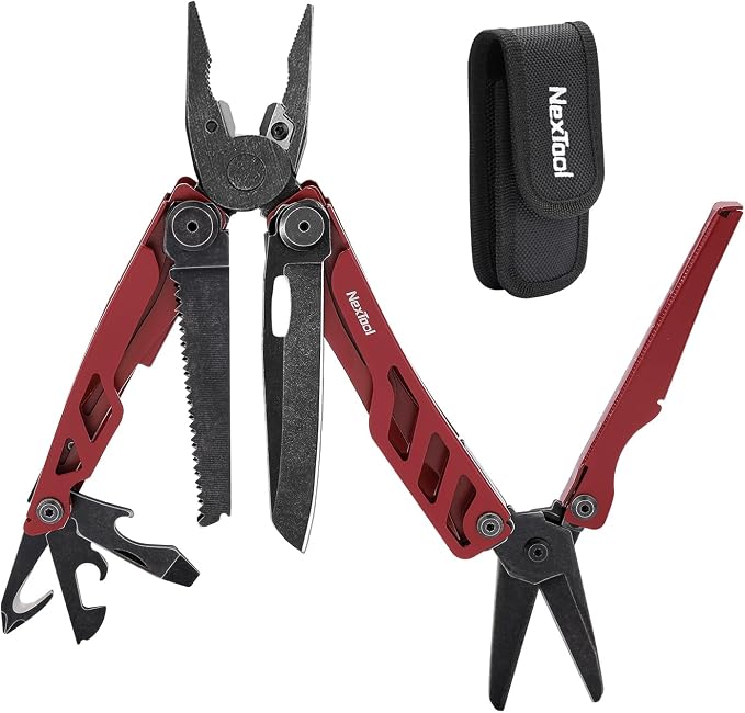 NexTool Flagship Pro Multitool Pliers with Full-size Scissors (Red) | 16-in-1 Multi-tool, Safety Locking, Replaceable YG8 wire cutters, Tool for Camping, Survival, Fishing, Repair, Gifts for Men