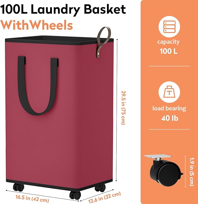 SpaceTrove Rolling Laundry Basket with Wheels, Laundry Hamper, 100L, Red | Collapsible, 4 detachable wheels including 2 with brakes, sturdy handle, metal frame, for dorms, bathrooms and bedrooms