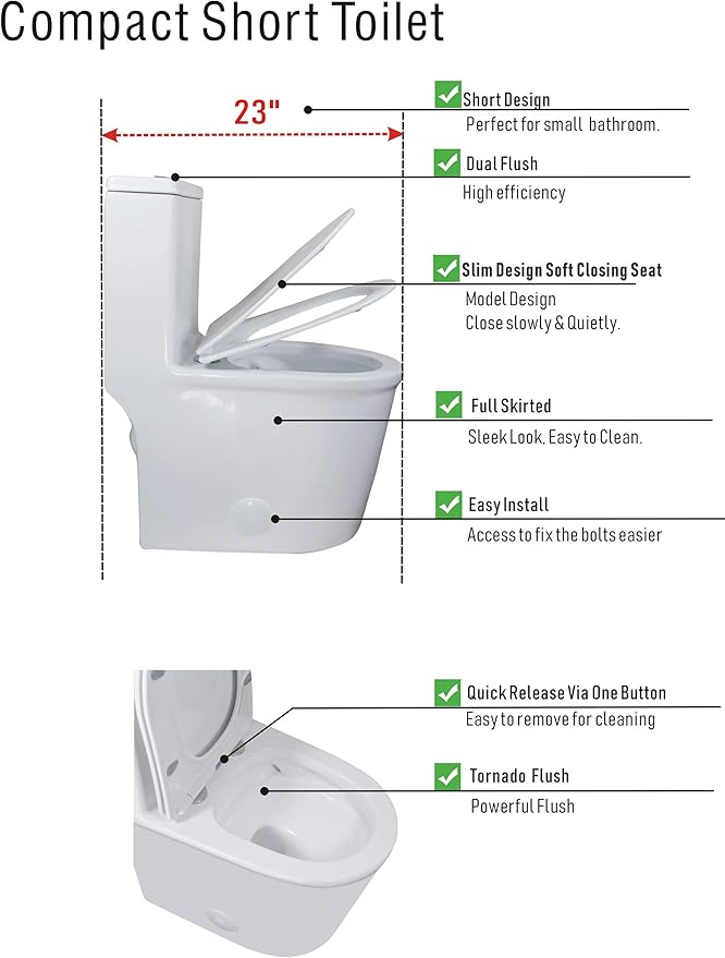 WinZo WZ5069 Small Modern One Piece Toilet Dual Flush 12" Rough in 23-in Depth Short for Compact Tiny Bathroom Powder Room White