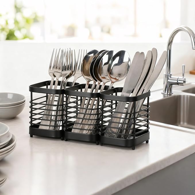 Utensil Holder, Stainless Steel Utensil Drying Rack for Kitchen Counter, Silverware Cutlery Flatware Holder Forks, Knives, Spoons, Chopsticks Organizer (Black)