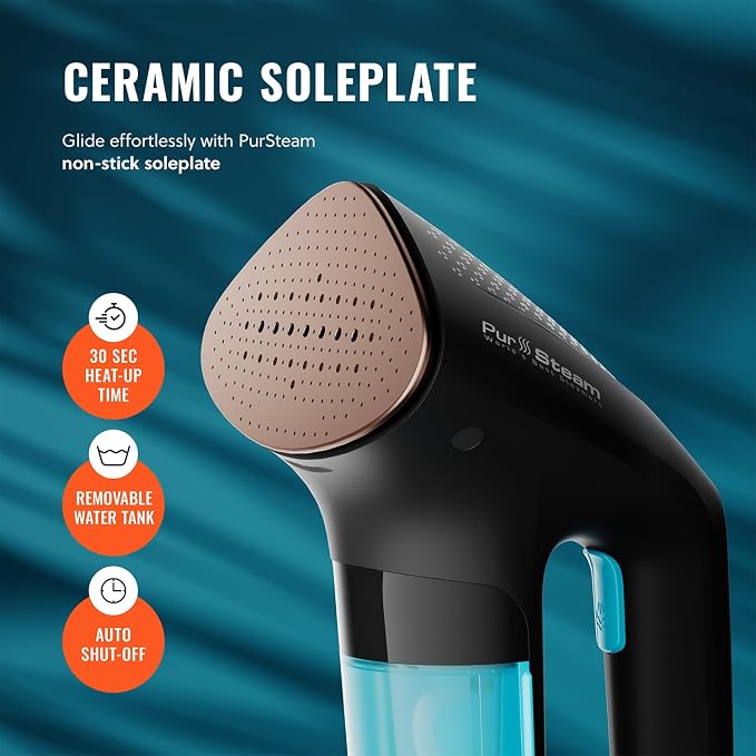 PurSteam SteamPulse Handheld Garment Steamer - Fast Heat-Up, LED Display | 1700W | LED Display | 15-Min Continuous Steam | 7.1 oz Removable Tank | Ceramic Soleplate | Auto Shut-Off | Portable