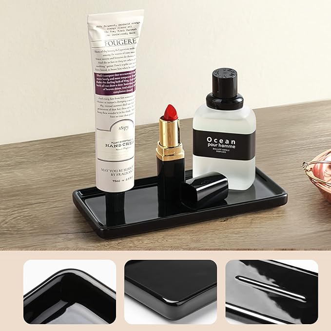 Gurygo 6" Bathroom Trays - Ceramic Vanity Tray for Bathroom - Small Ceramic Tray - Kitchen Soap Trays for Kitchen Counter - Bathtub Organizer (Black)
