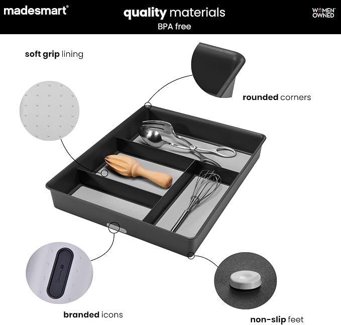 madesmart 4 Compartment Drawer Organizer, Multi Purpose Storage for Utensils, Office Tools, Cords, & Small Household Items, Tech Accessories, Arts & Crafts Supplies, Non Slip Lining, Granite