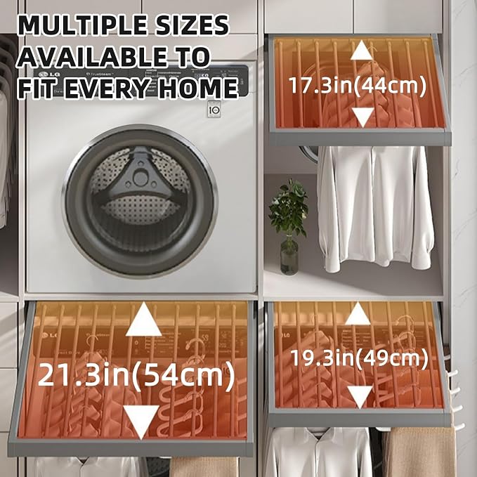 Hidden Pull Out Drying Rack, Extendable Pull Out Trousers Rack, Space Saving, Above Washing Machine Wardrobe, Aluminum Alloy, Soft-Close, Depth 21.26in Width 26-28in White
