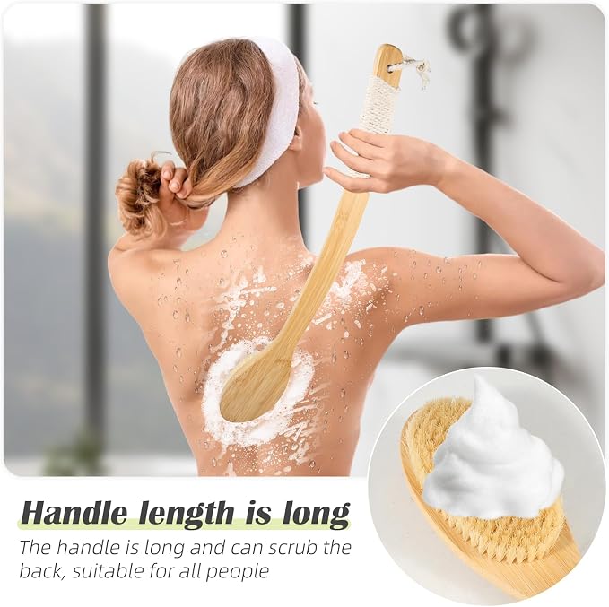 Bath Body Brush Shower, 22" Super Long Curved Bamboo Handle Antiskid Back Body Scrubber Wet/Dry Brushing, Moderately Soft Natural Bristle Body Brush for Showering