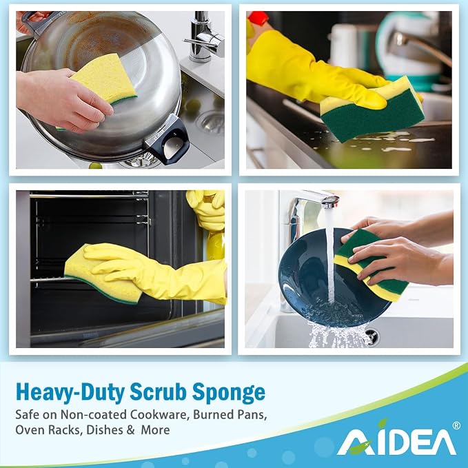 AIDEA Sponges Kitchen, 6Count, Heavy-Duty Scrub Sponges, Sponge for Dishes | Sponges for Non-Coated Cookware, Scrubbing Power for Tough Messes, Cleaning Sponge for Kitchen, Bathroom, Household