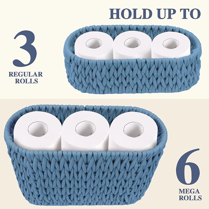 Boho Toilet Paper Storage Baskets, Cotton Rope Woven Bathroom Basket Set of 2, Standing Toilet Paper Holder for 6 Mega Rolls,Storage Bins for Toilet Tank Top, Bathroom Organizer Decor (Blue 2 Pack)