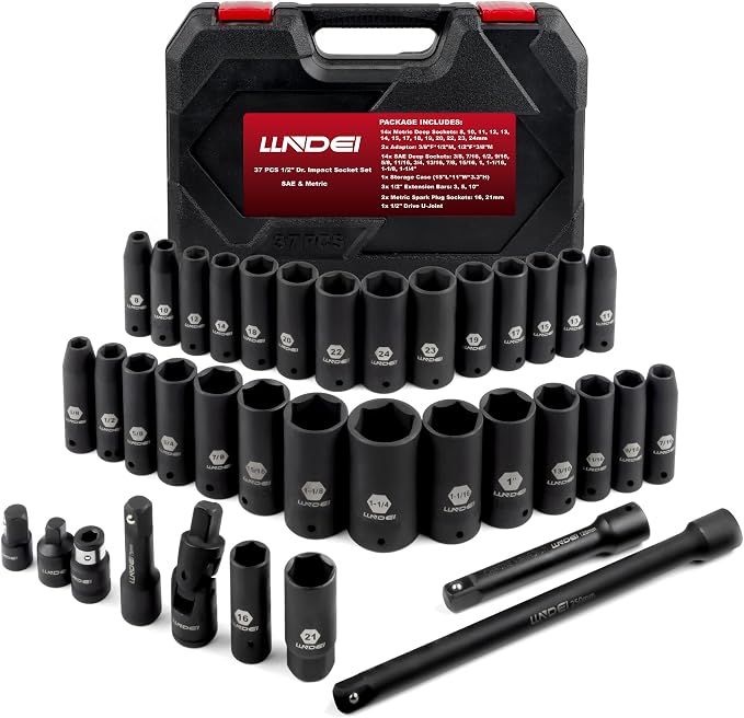1/2" Drive Deep Impact Socket Set 37Pcs SAE/Metric CR-MO | 3/8"-1-1/4" & 8-24mm, Spark Plug 16/21mm, Universal Joint & Extensions, for Auto, Truck & Heavy Equipment