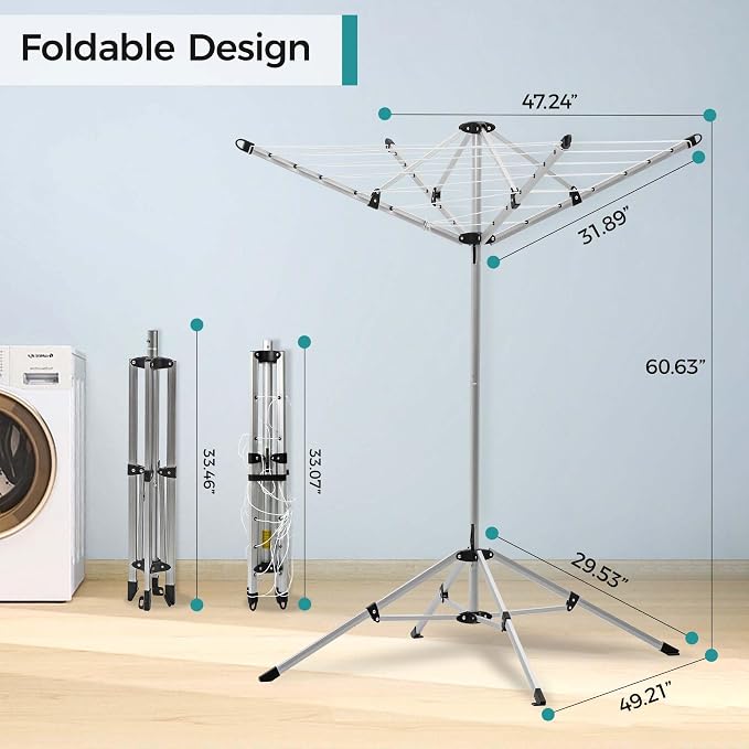 JS HANGER Indoor and Outdoor Portable Clothes Drying Rack with 4 Rotatable Arms for Hangers, 4 Legs, Collapsible Umbrella Laundry Air Dryer with 65 ft. of Hanging Space - Silver