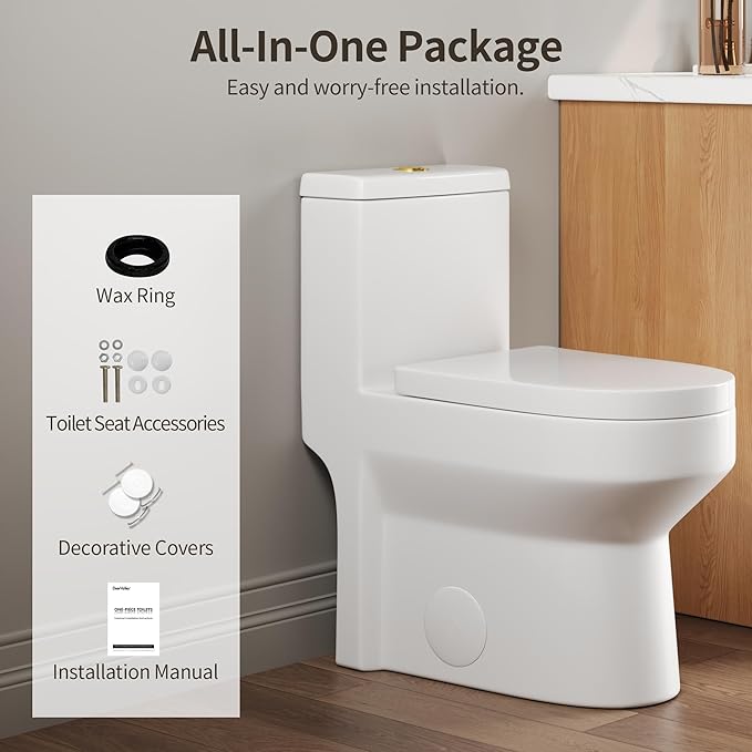 DeerValley Small One Piece Toilet with Soft Closing and Seat Gold Flush Button 12 Inch Rough-In Compact Toilets for Tight Spaces