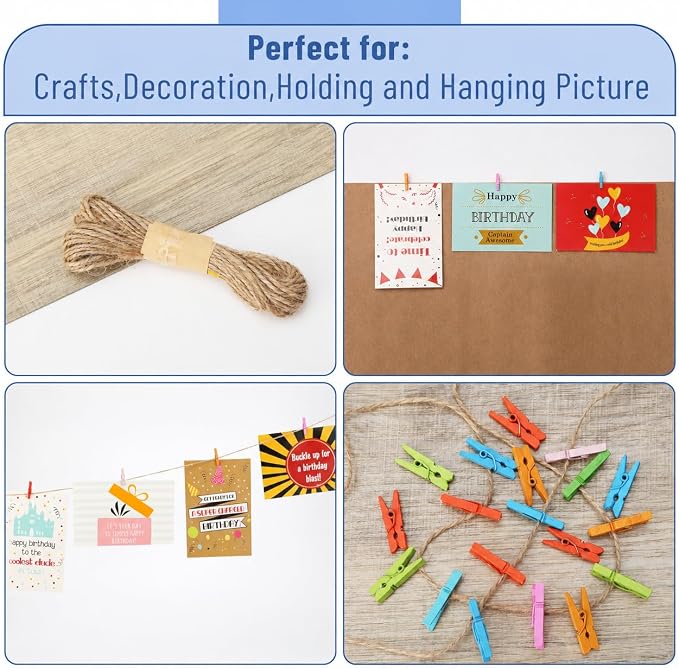 Mr. Pen- Mini Wooden Clothes Pins for Photo, 1 Inch, 200 Pack, Colorful | Small Clothespins with 10 m Jute Twine for Scrapbooking, Labeling Plants, Gift Tags, Tiny Crafts, Photo Display, Decoration