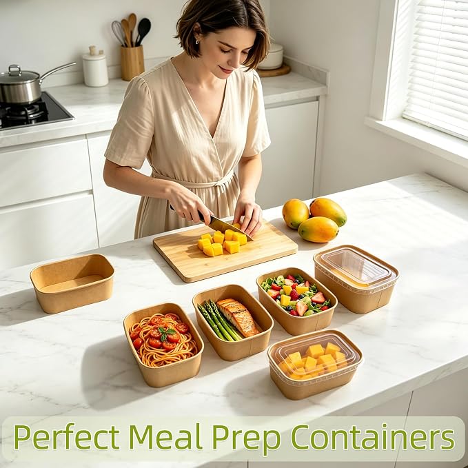 50 Pack Paper Meal Prep Containers with Lids, 35 oz Thicken Disposable and Compostable Take out Food Containers Rectangular to Go Paper Bowls for Leftovers, Salad, Soup, Snack