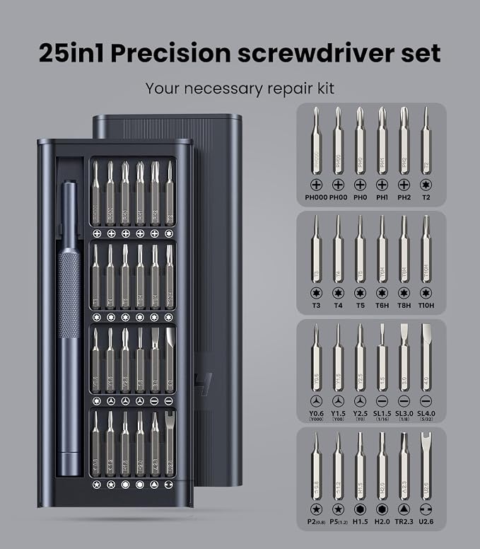 AXTH 25-in-1 Small Precision Screwdriver Set, Professional Mini Repair Tool | [Bearing Steel] Magnetic Screw Driver Kit for Phone, Computer, Watch, Laptop, Macbook, Ring Doorbell, Eyeglass, Electronic