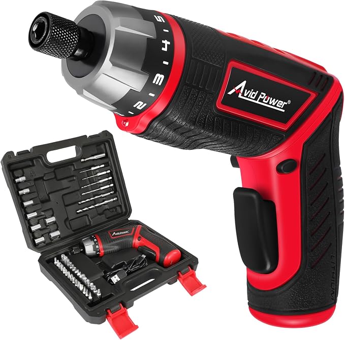AVID POWER 4V Electric Cordless Screwdriver Set 5.65Nm 44 Bits with Case | 5.65Nm, 5+1 Torque Settings, 2-Position Handle, 44 Accessories, LED Light, for Precision Assembly & Furniture Installation