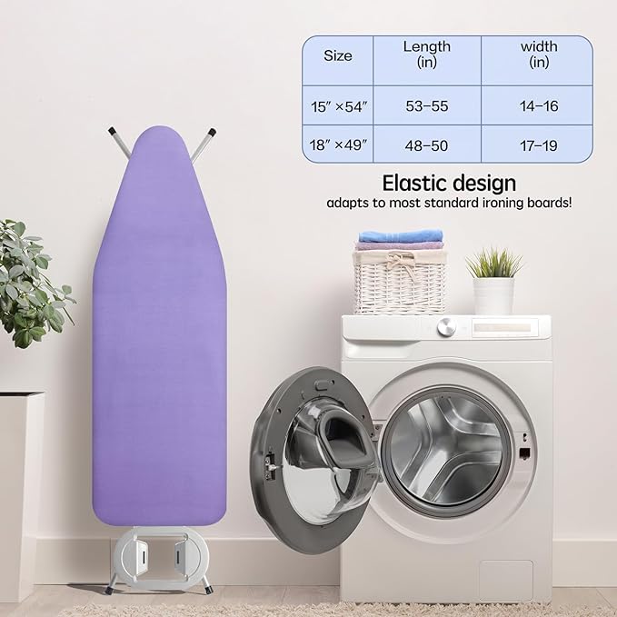 BNDX 15"x54" Ironing Board Cover for Apartments – Lavender Color with Thick Padding, 2" Elastic Edge & Dual Buckles, Scorch & Stain Resistant, Easy Installation