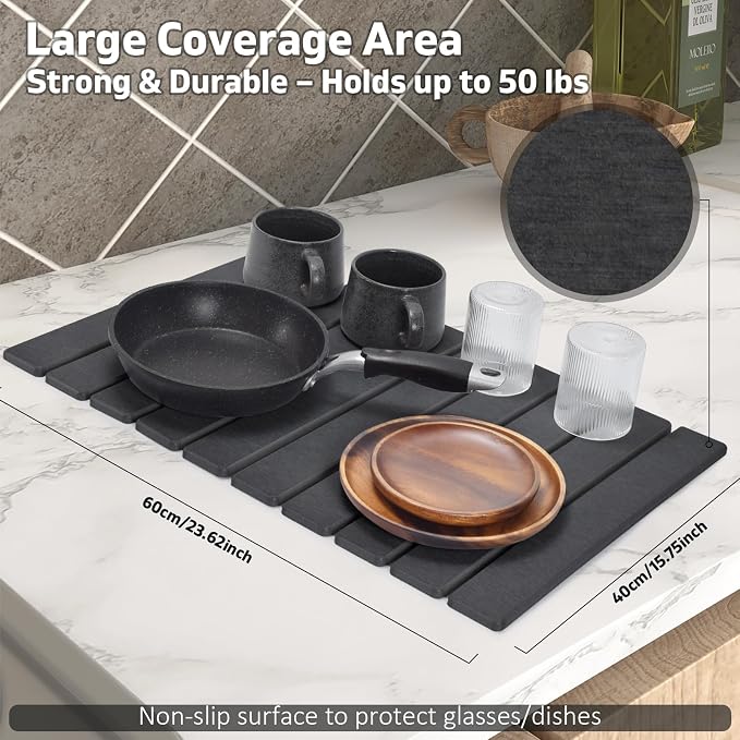 Large Stone Dish Drying Mats for Kitchen Counter, Fast Drying Collapsible Drying Mat, Eco-Friendly Absorbent Diatomaceous Earth Mats for Dishes Cups, Match Any Countertop (Dark Gray 24"×16" & 8"x4")