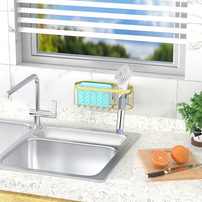 2-in-1 Sponge Holder for Kitchen Sink, Sink Caddy Kitchen Sink Organizer with 3 Suction Cups, No Drill Rustproof Sink Sponge Holder for Dish Brush, Soap & Sponge (Gold)