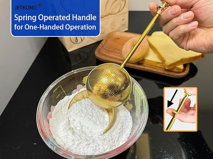 JETKONG 2 Pcs Flour Sifter, Stainless Steel Flour Duster for Bread Baking, Bakers Dusting Wand for Powdered Sugar and Spices (Small+Large, Gold)